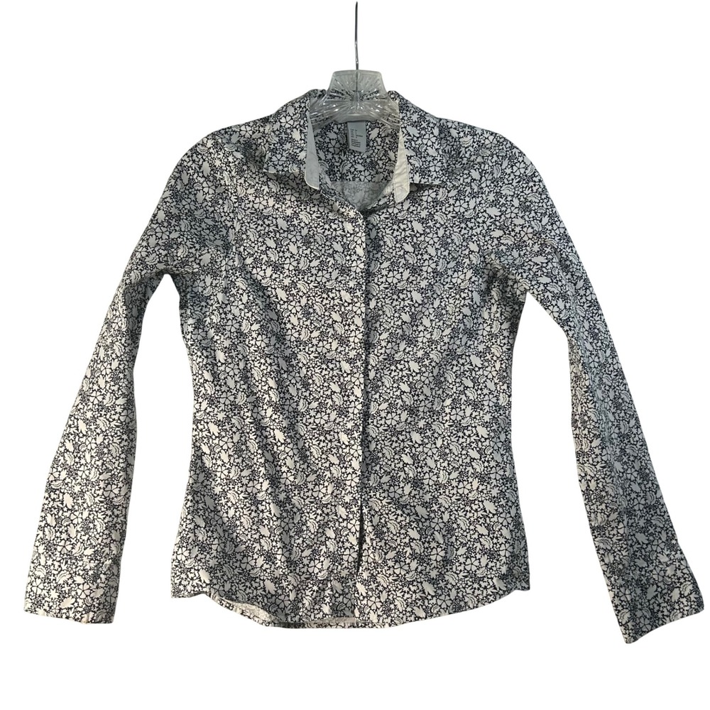 HM Womens‎ Floral Button Down Shirt Black White Long Sleeve Blouse Size 4